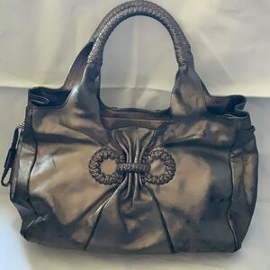 Salvatore Ferragamo Top Handle Handbag in Metallic Silver Leather (12.5"x9.44")